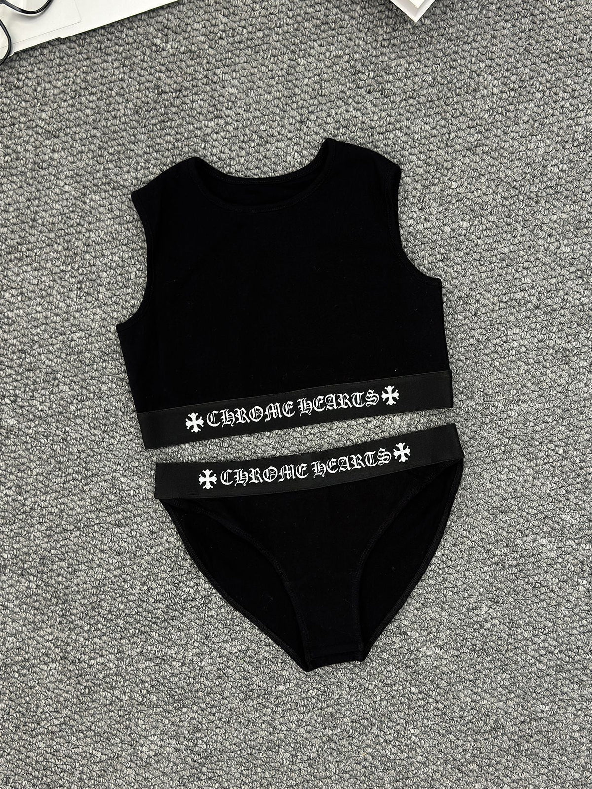 Chrome Hearts Yoga Sportswear Cross-Patterned Sanskrit Ribbon Slim Waist Vest and Shorts Set