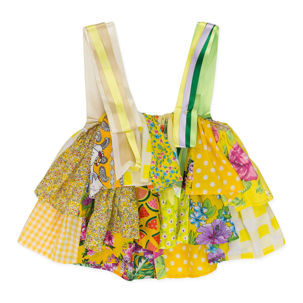 YELLOW RUFFLED PATCHWORK RIBBON BLOUSE