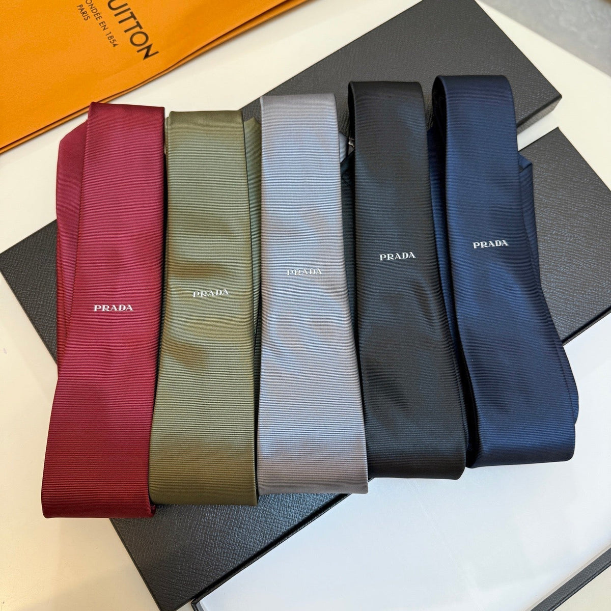 Prada Style Men's Minimal Logo Silk Tie