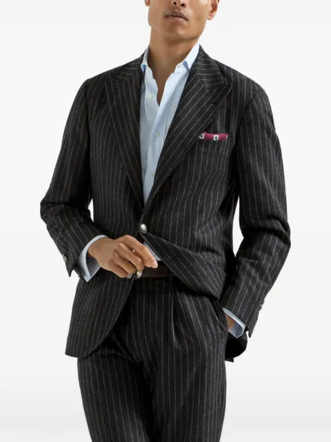 Brunello Cucinelli virgin wool and cashmere chalk stripe flannel deconstructed blazer with large peak lapels and metal buttons