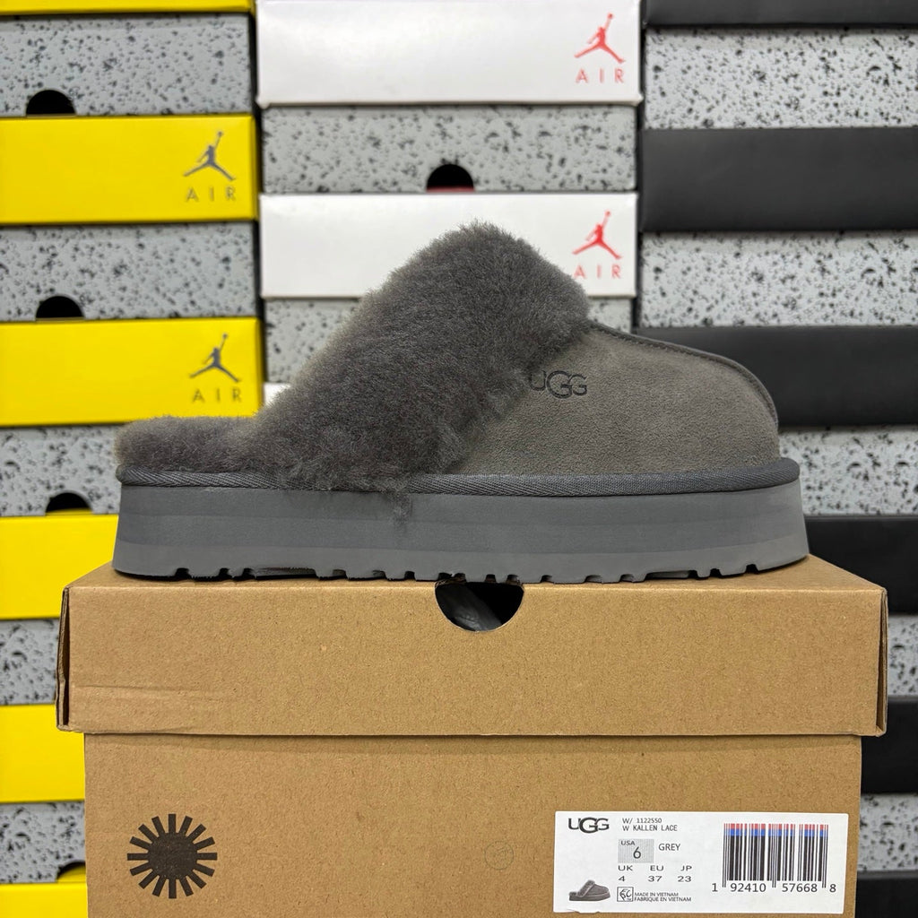 UGG Tazz Platform Slipper – Women's Sherpa-Cuff Suede Mule in Grey