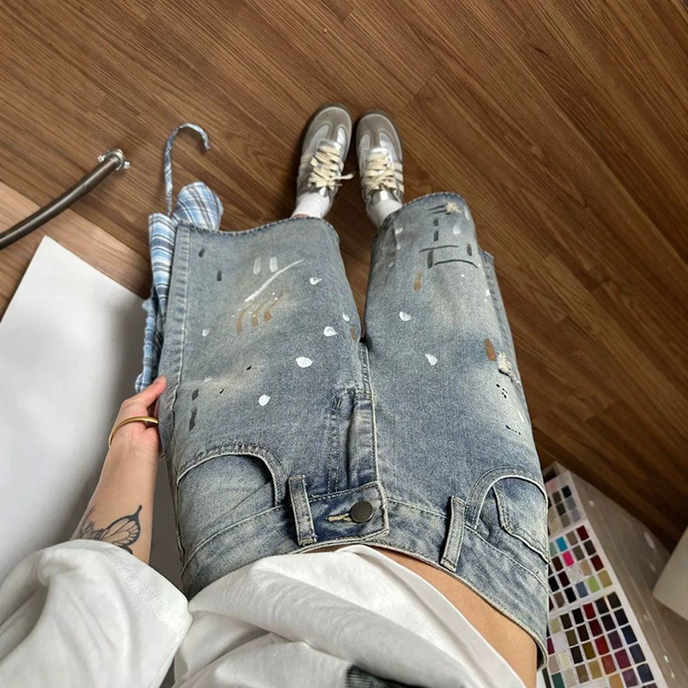 American Retro Plaid Shirt Tail Capri Denim Shorts High Waist Straight