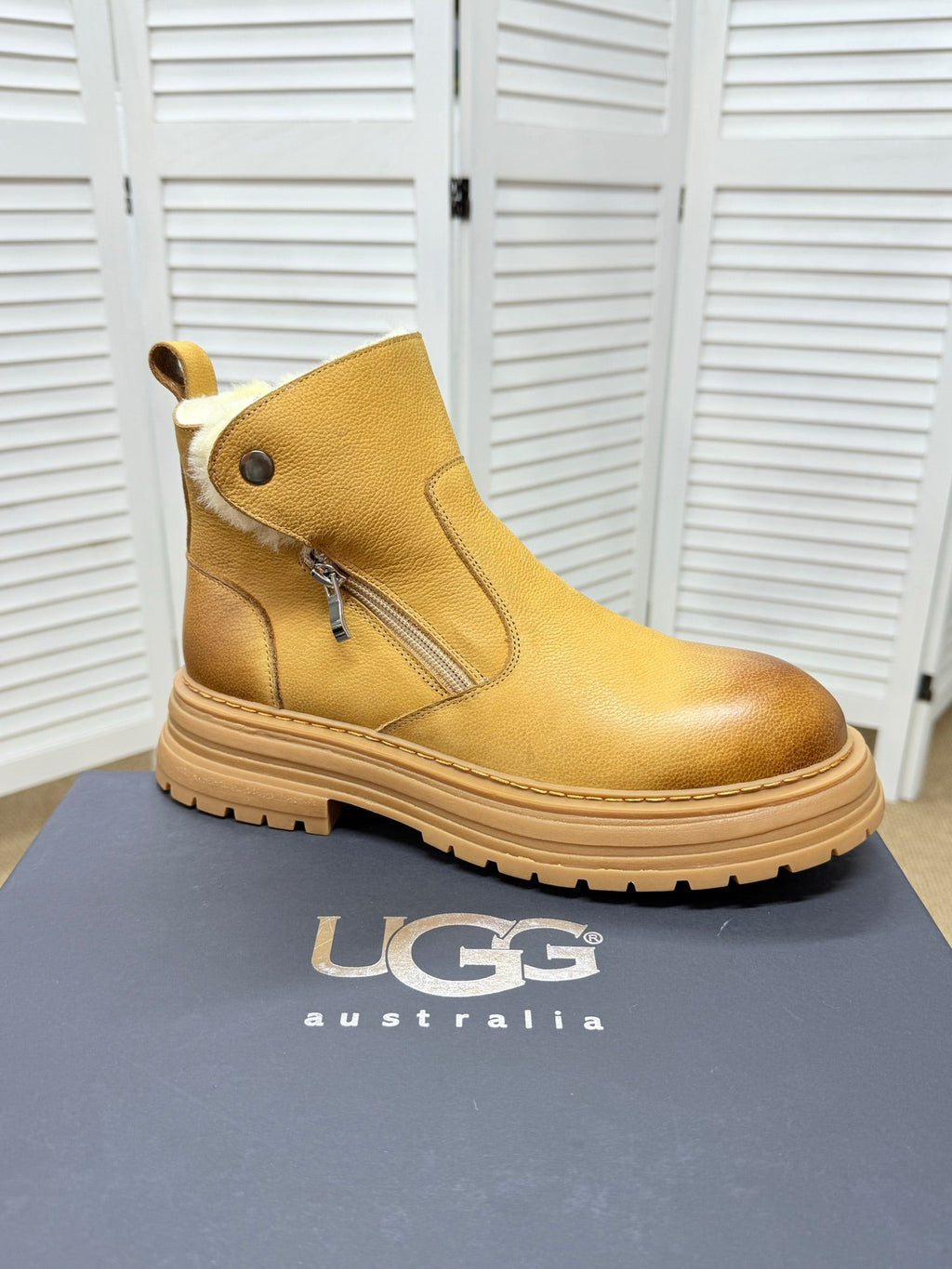 UGG Chestnut Shearling-Collar Leather Boots