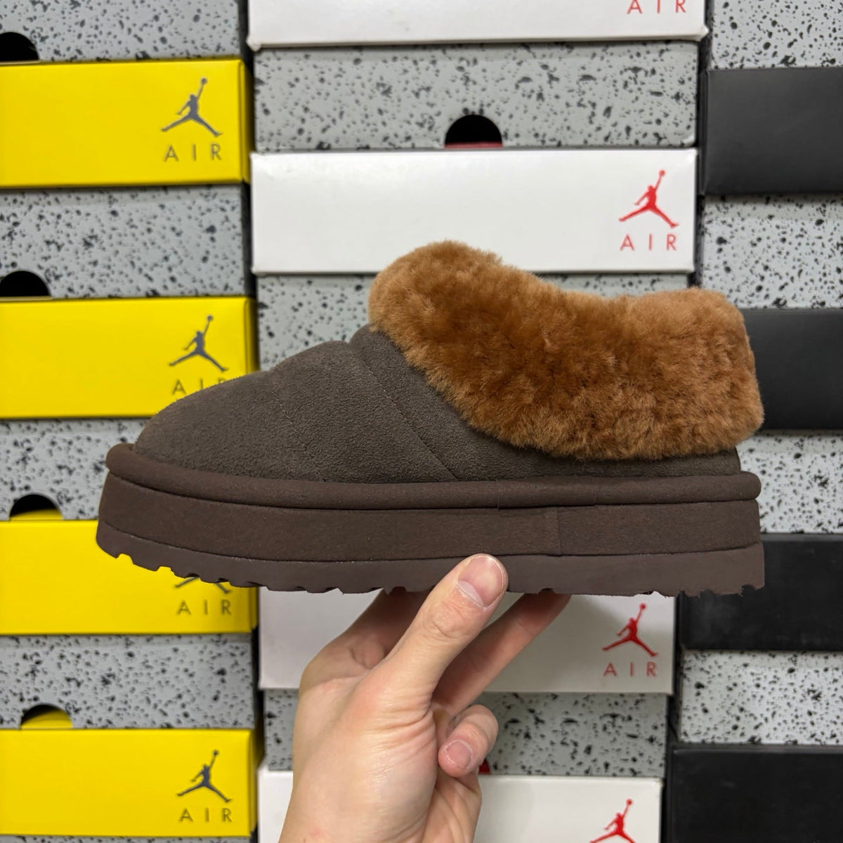 UGG Tazz Platform Slip-On Slipper – Suede Moccasin with Caramel Shearling Cuff & Chocolate Platform Sole in Chocolate