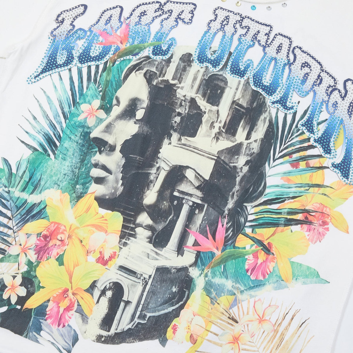 FIRST ROW Tropical Statue Rhinestone Graphic T-Shirt