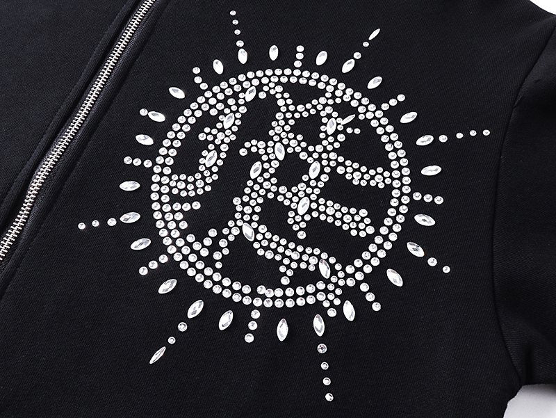 MIXED EMOTION Rhinestone Graphic Zip-Up Hoodie