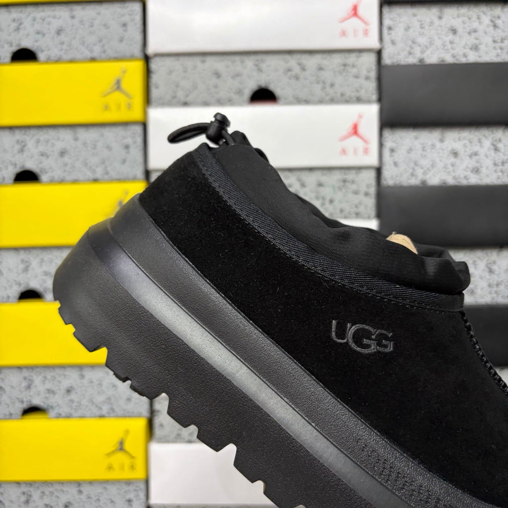 UGG Tasman Weather Hybrid Slip-On – Waterproof Suede Shoe with Shearling Lining, Cinch Drawstring & All-Terrain Lug Sole in Black