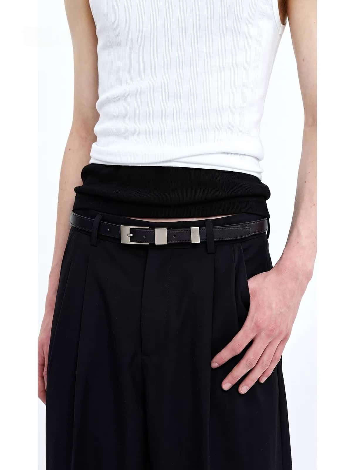 Volcano Log Slim Leather Belt Square Silver Pin Buckle Waist Belt