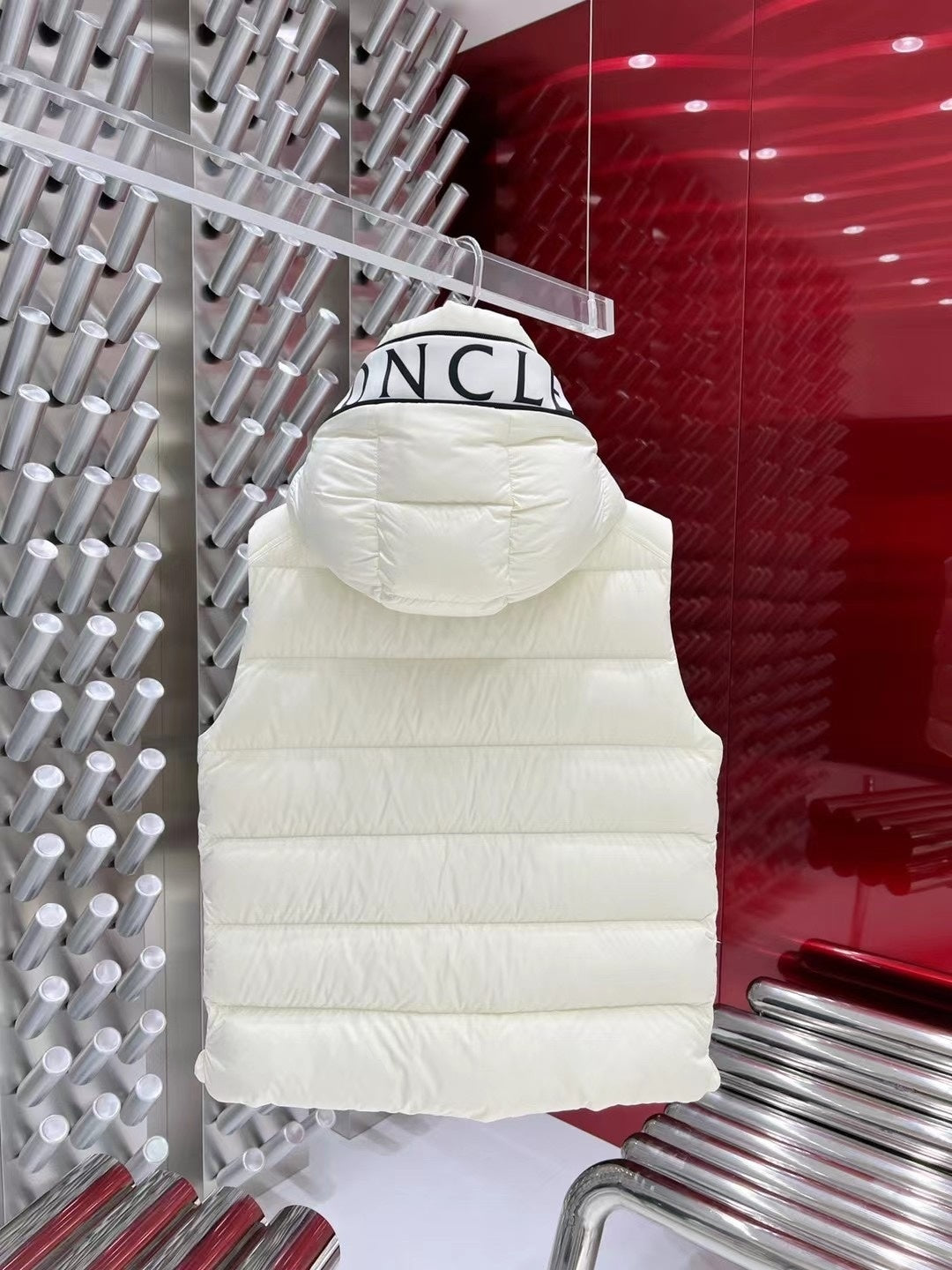 Moncler Hooded Puffer Vest in White with Black Trim