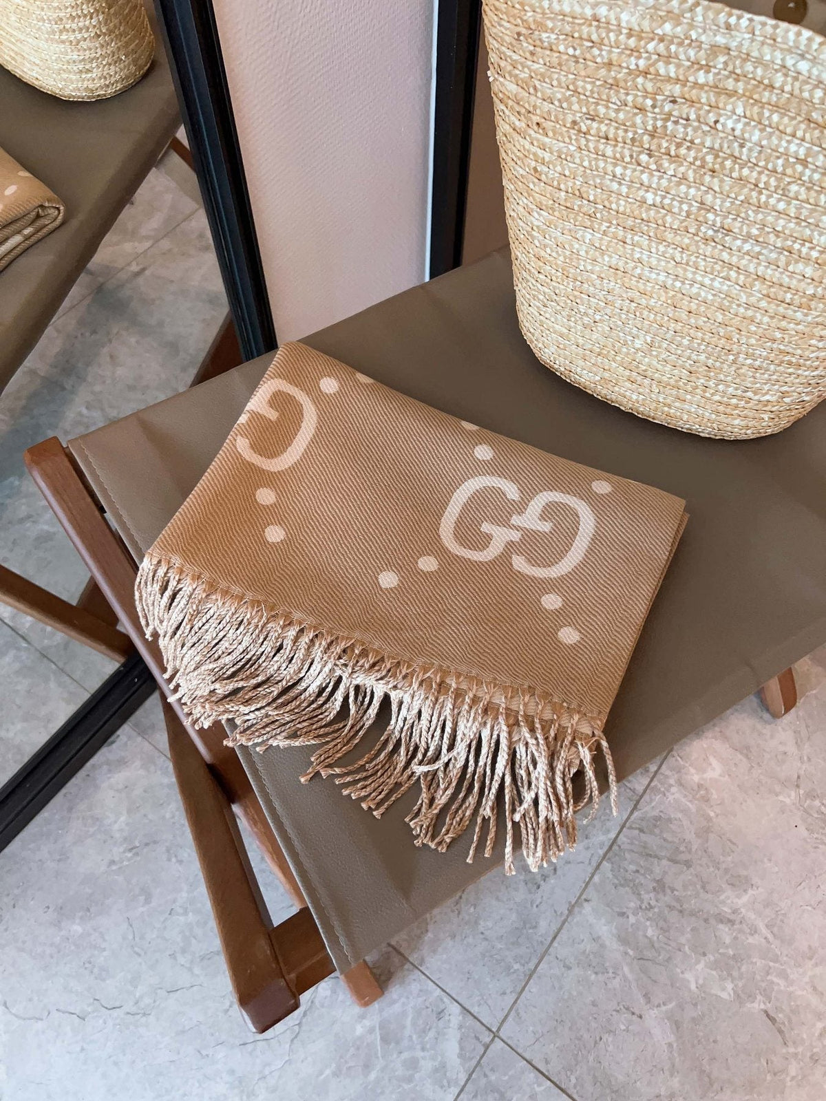 Gucci Camel Brown and Ivory Fringed Scarf