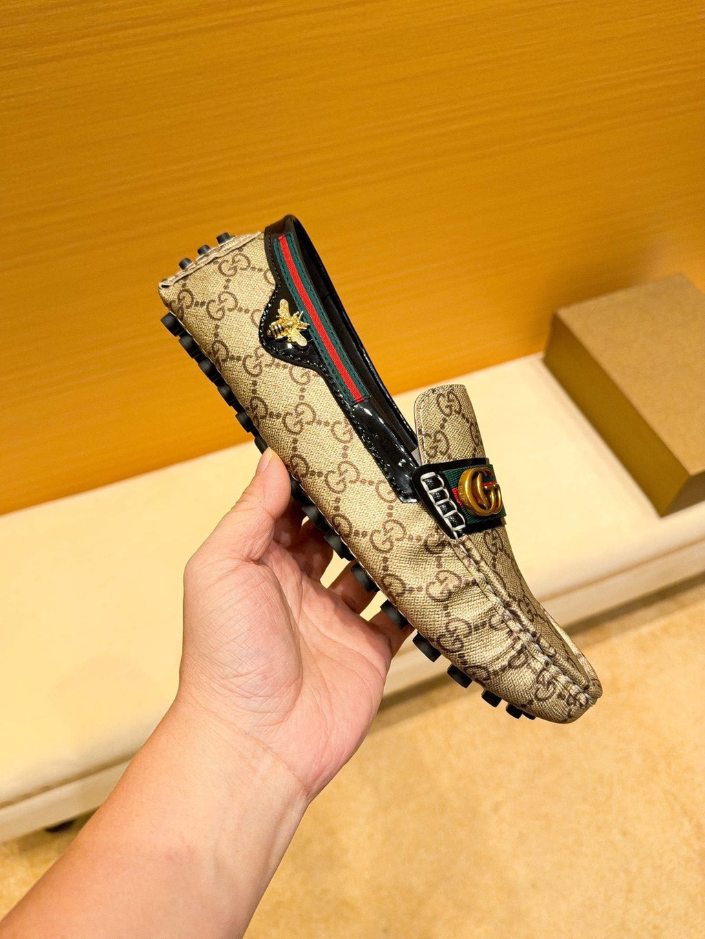 Gucci Beige Monogram Stripe Loafers