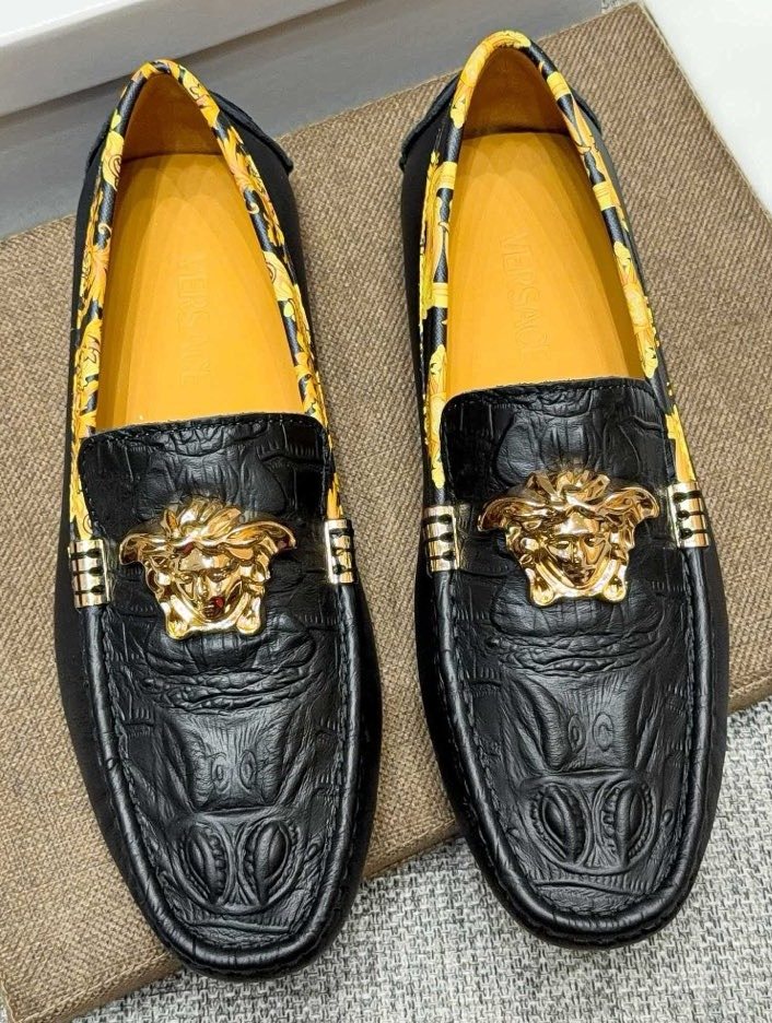 Versace Men's Black Gold-Tone Hardware Loafers - Embossed Texture