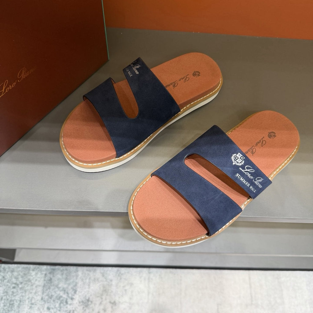Loro Piana Navy Cutout Slide Sandals