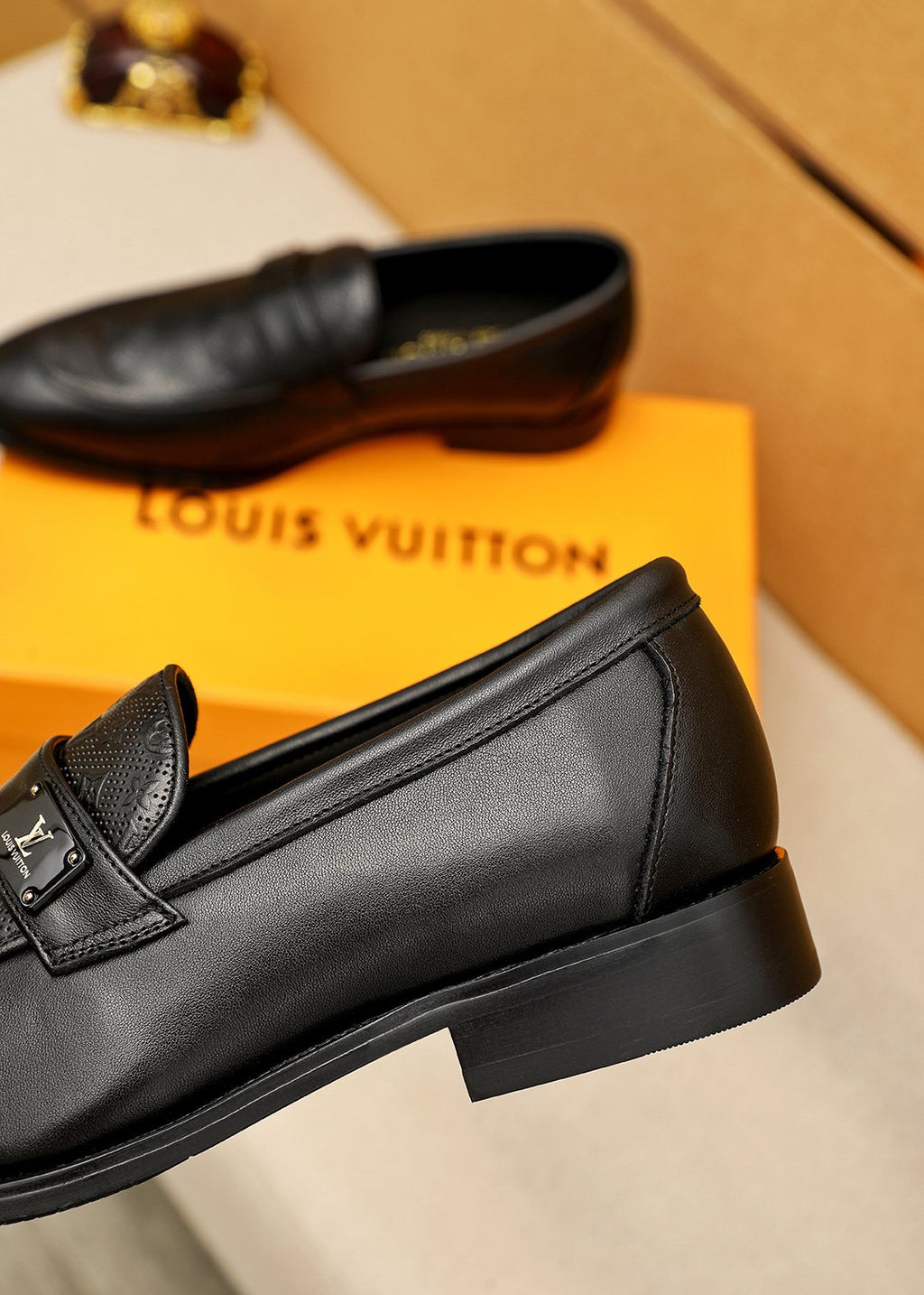 Louis Vuitton Men's Black Embossed Loafers - Rounded Toe