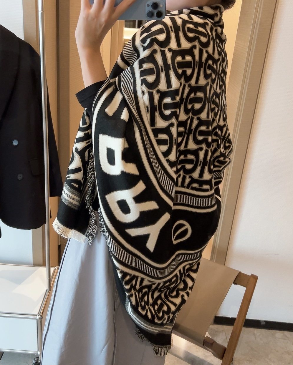 Burberry Black & Ivory Logo Square Scarf