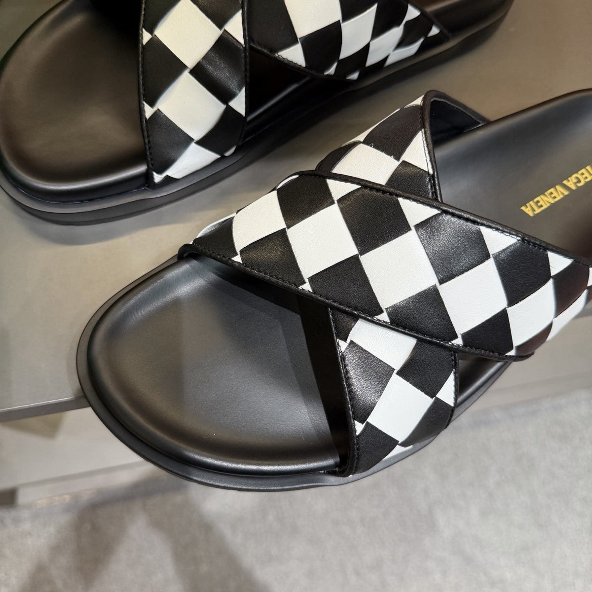 Bottega Veneta Men's Woven Checkerboard Slide Sandals - Black and White