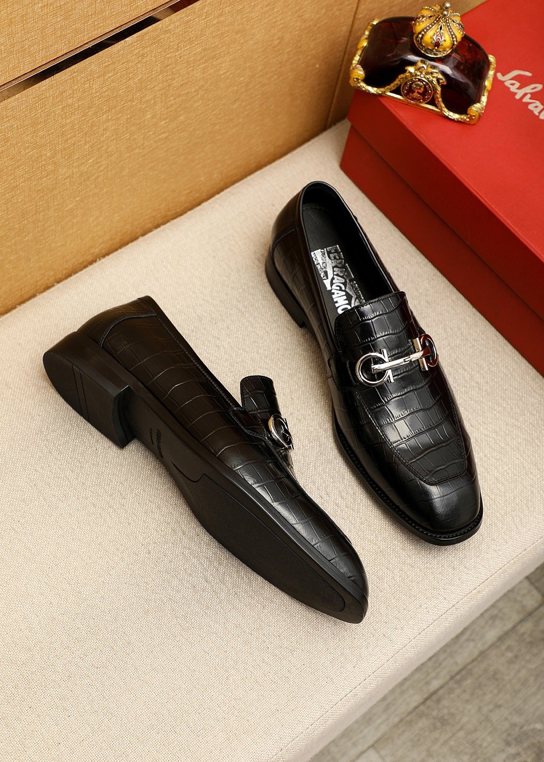 Ferragamo Men's Black Embossed Buckle Loafers - Silver-Tone Hardware