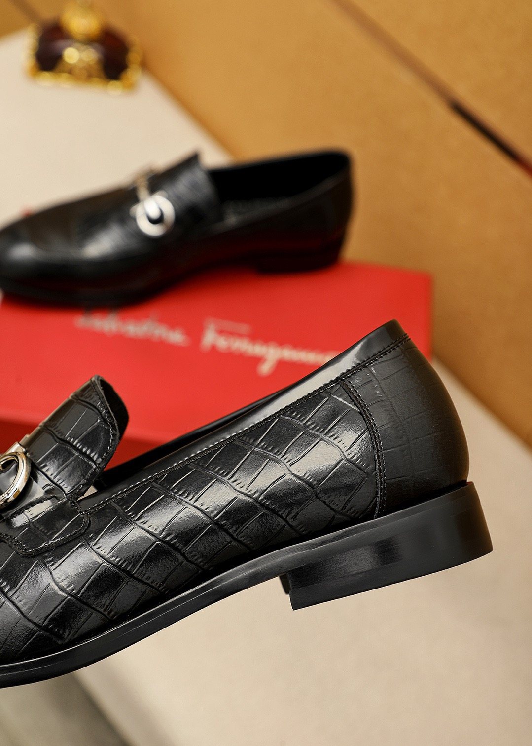 Ferragamo Men's Black Embossed Buckle Loafers - Silver-Tone Hardware