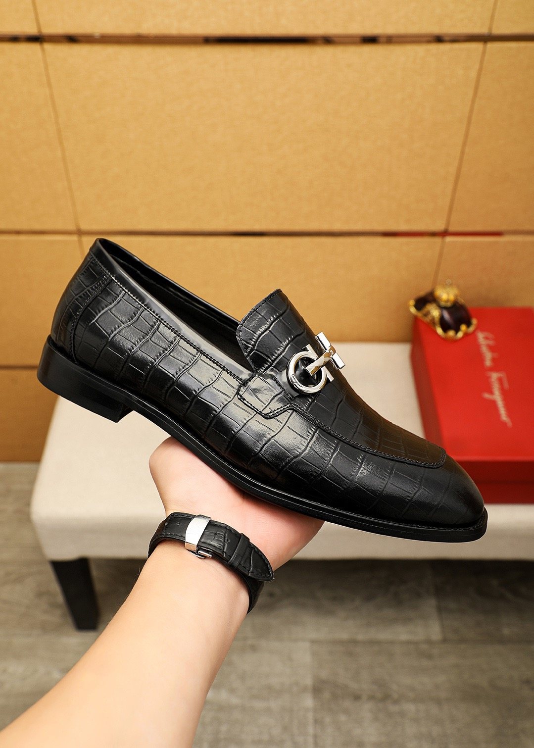 Ferragamo Men's Black Embossed Buckle Loafers - Silver-Tone Hardware