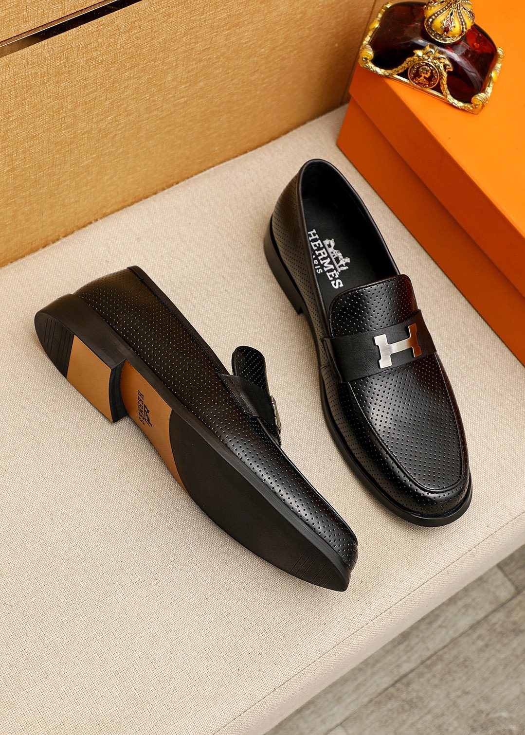 Hermès Black Perforated H-Hardware Loafers