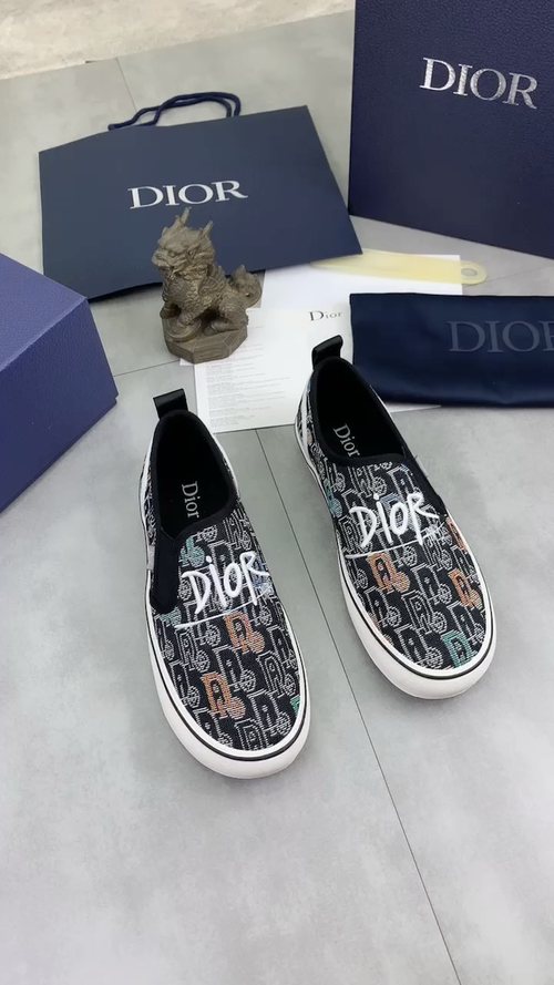 Dior Graphic Canvas Slip-On Sneakers - Black, White and Tan