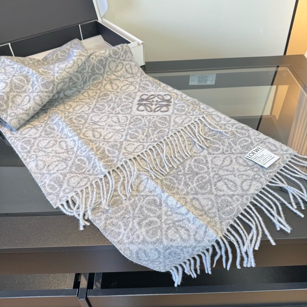 Loewe Charcoal Gray & Ivory Fringed Scarf