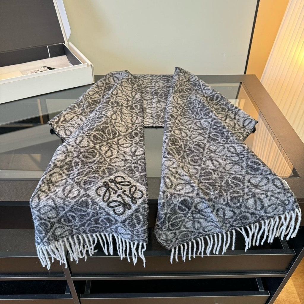 Loewe Charcoal Gray & Ivory Fringed Scarf