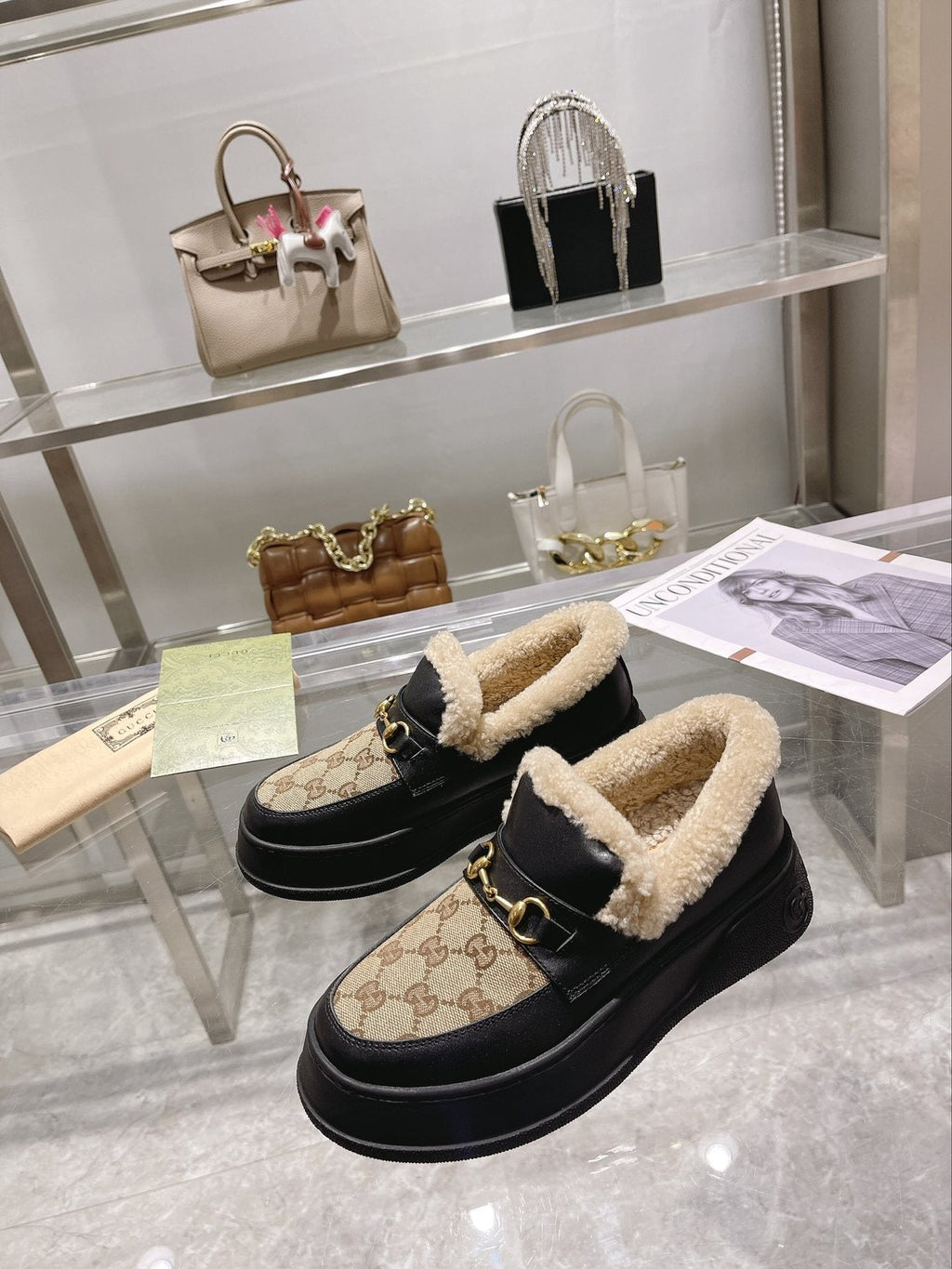 Gucci Patterned Plush-Lined Platform Slip-On Shoes