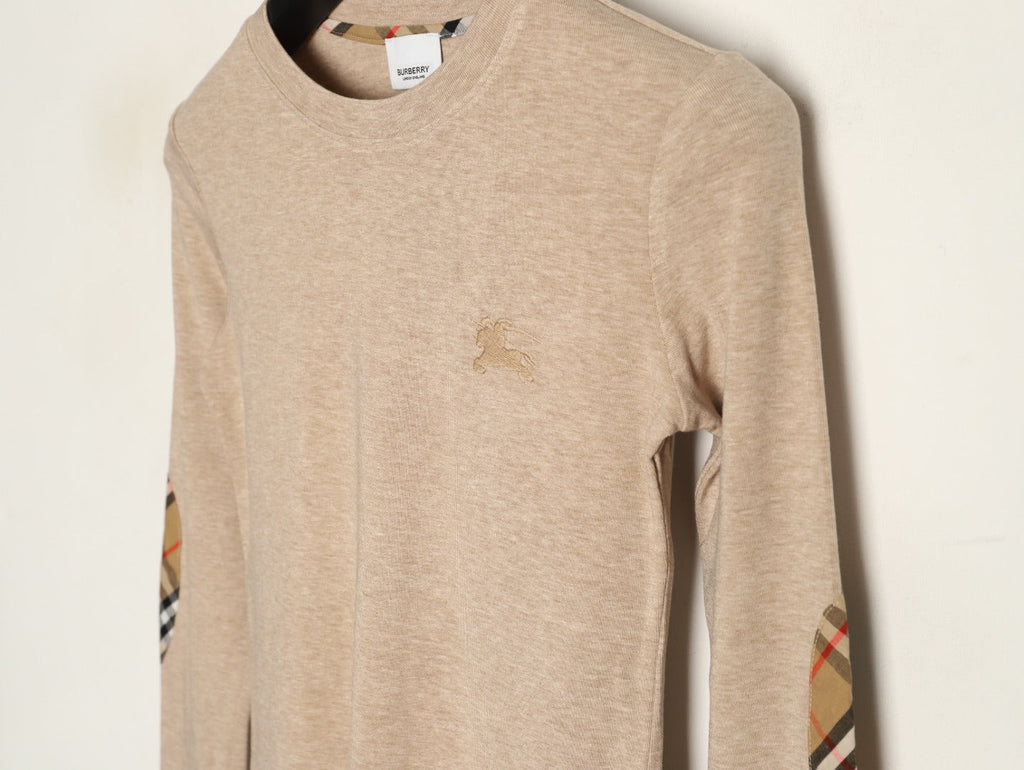 Burberry Equestrian-Detail Check Elbow-Patch Long-Sleeve Top - Light Taupe