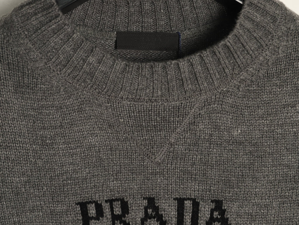 Prada Milano Logo Crewneck Knit Sweater - Gray
